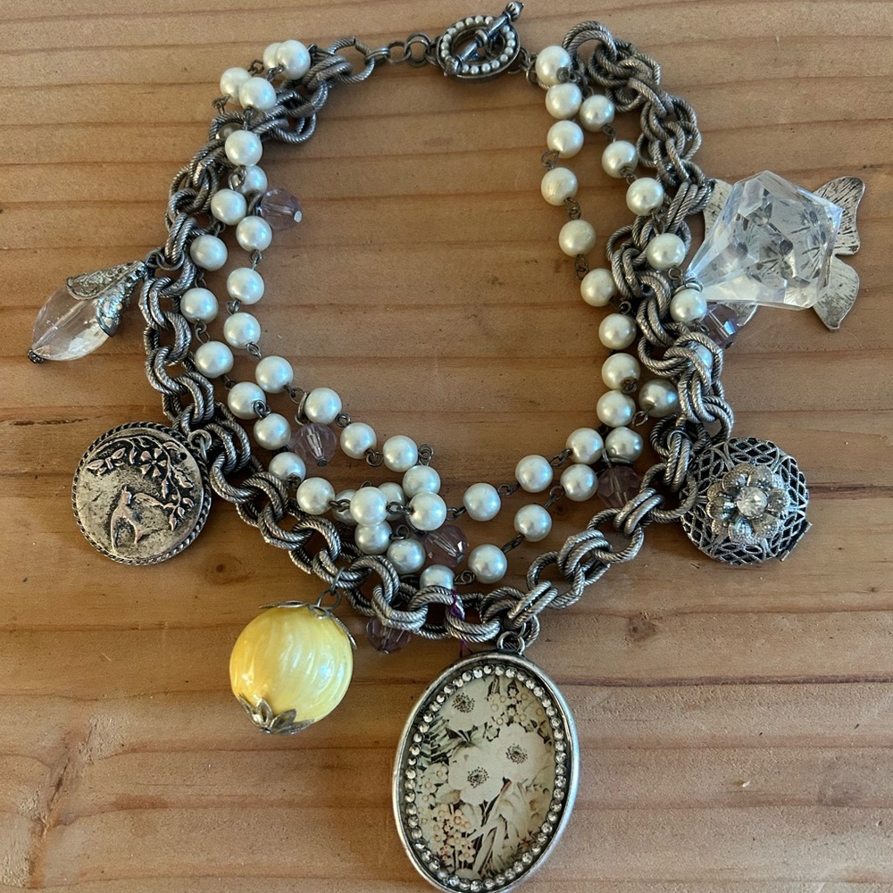 Lenora Dame Vintage Silver Tone Triple Layered Faux Pearl Locket Necklace 18"